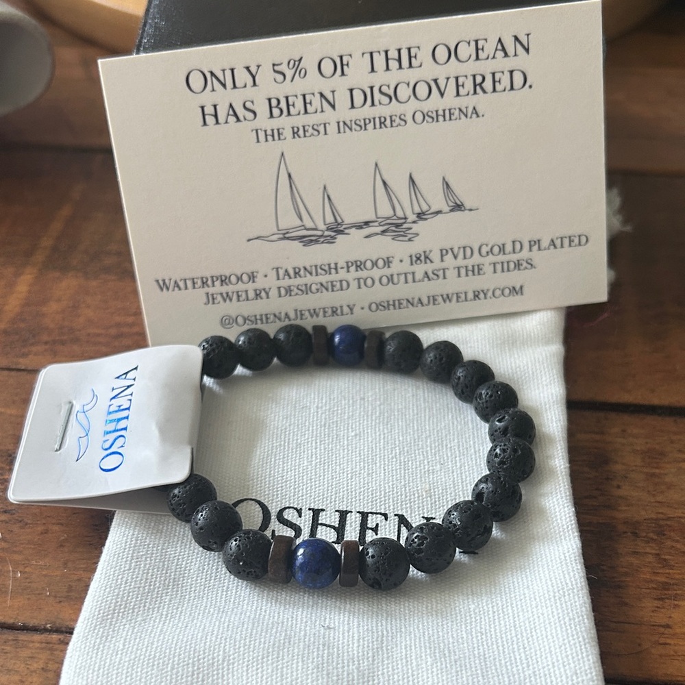 Oshena Designer beachwear Black Lava Beads and lapis lazuli stones bracelet